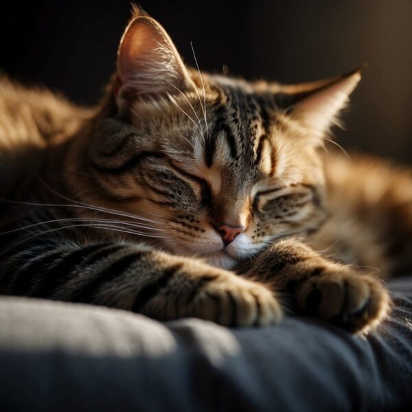 A cat sleeps peacefully with one eye slightly open, ears twitching, and tail curled around its body. The room is dimly lit, casting a soft glow on the relaxed feline
