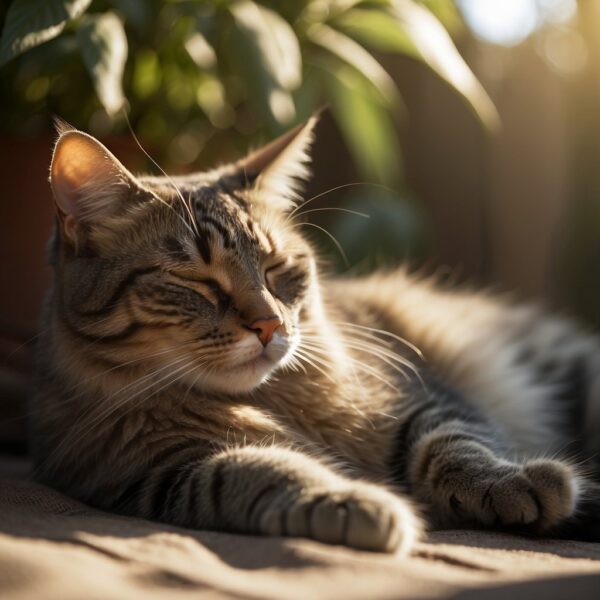 A contented cat lounges in a patch of warm sunlight, eyes closed and body relaxed, peacefully snoozing the day away