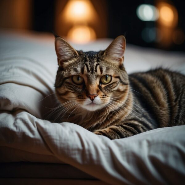 A cat lies on a cozy bed, one eye half-open, ears perked. The room is dimly lit, with a soft glow from a nearby nightlight