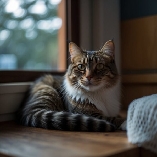 A kitty perched on a windowsill, 