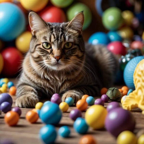 A cat staring at a colorful array of objects, with a puzzled expression on its face