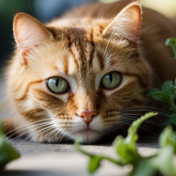 A feline sniffing with a contented expression