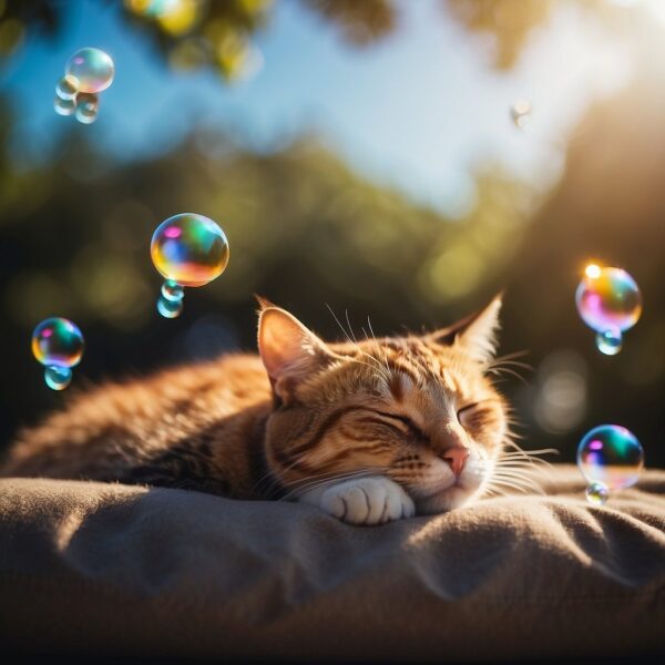 A sleeping cat with closed eyes, surrounded by floating dream bubbles filled with images of mice, birds, and sunny landscapes