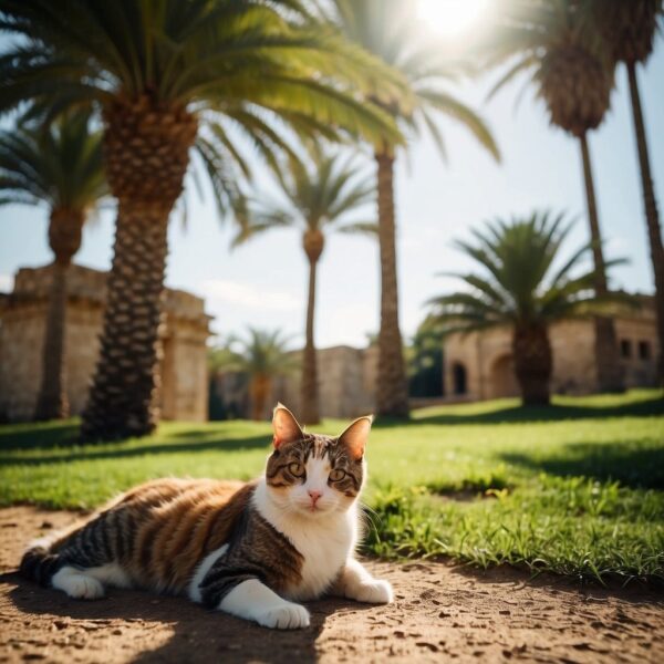 Lush green landscape with ancient ruins, cats lounging in the shade. Sunlight filters through date palm trees, casting dappled shadows on the fertile soil