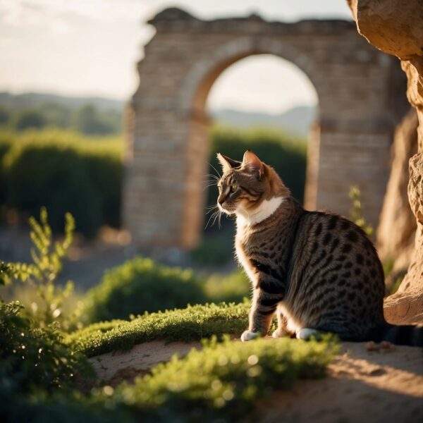 Lush green landscape with ancient ruins and cats roaming freely, symbolizing the historical significance of the Fertile Crescent as a cradle of civilization