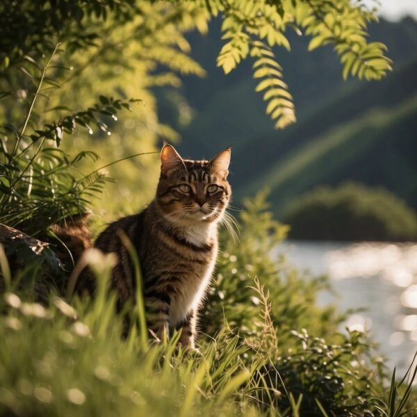 Rolling hills, lush greenery, and flowing rivers create the Fertile Crescent. Cats roam freely, basking in the warm sun. This ancient land is the cradle of civilization for both felines and humans