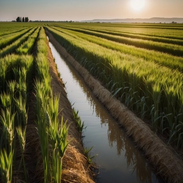 Lush fields of wheat and barley stretch across the Fertile Crescent, with cats prowling among the crops. Villages and irrigation canals dot the landscape, showcasing the early development of agriculture