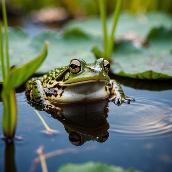 Frogs and toads gather in a lush, vibrant wetland. They perch on lily pads and hop among reeds, showcasing their colorful and diverse patterns