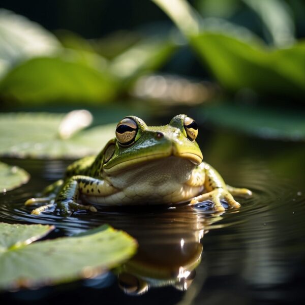 Lush greenery surrounds a pond teeming with frogs. They hop among lily pads, their croaks filling the air. Dragonflies flit above, and tadpoles swim below. The ecosystem thrives thanks to these vital amphibians