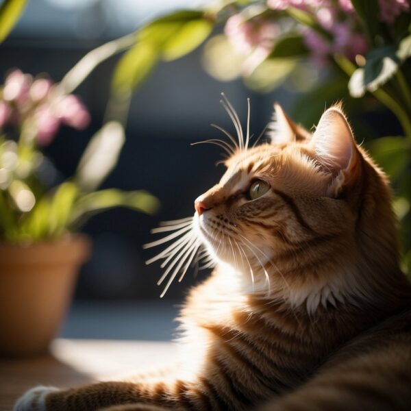 A kitty sits in a sunlit room, surrounded by blooming plants