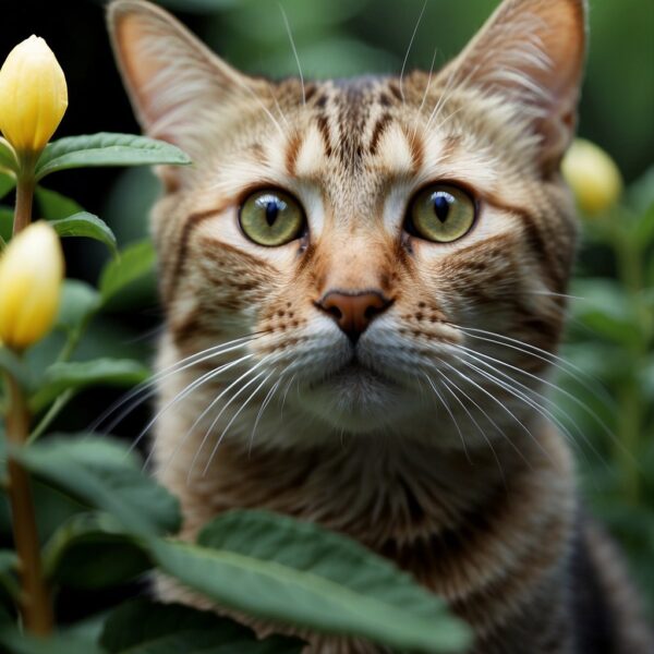 A cat sniffs honeysuckle, its eyes dilate, it rolls in the plant, and purrs contentedly