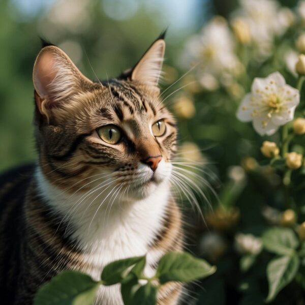Cats surrounded by honeysuckle, rubbing against the fragrant flowers with contented expressions
