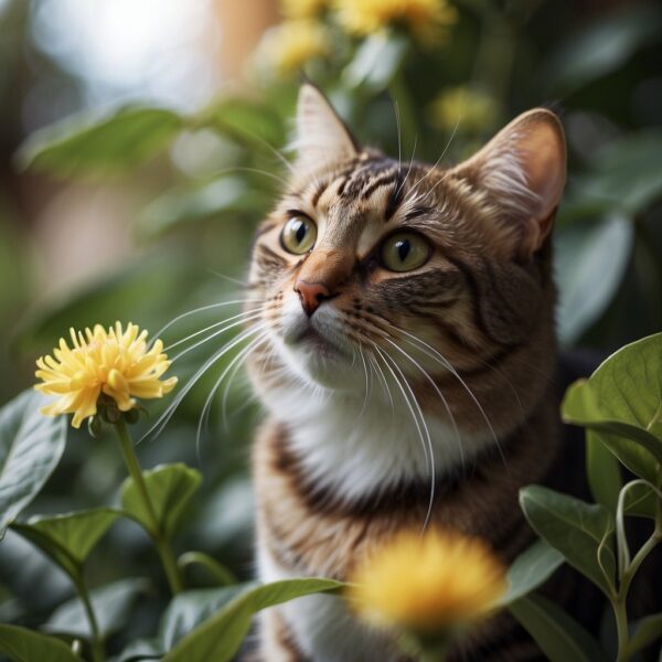 A cat eagerly sniffs a flowering plant