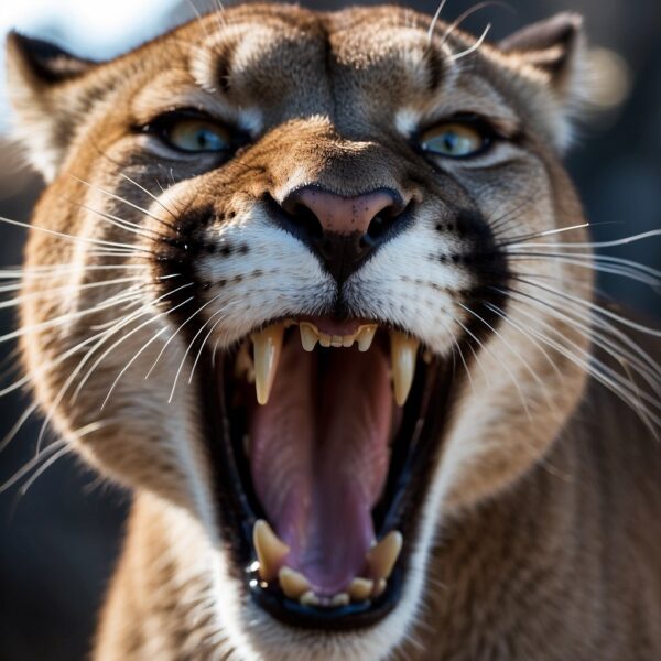 cougar's mouth opens wide, emitting a bone-chilling scream that echoes through the rocky terrain