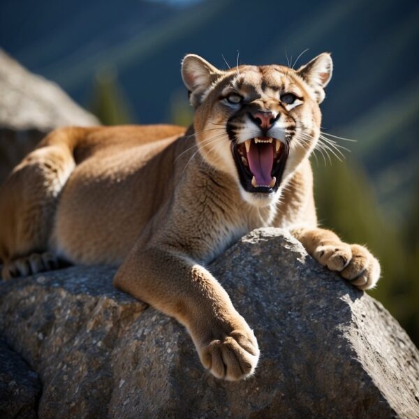 A cougar stands on a rocky ledge, its mouth open in a bone-chilling scream, echoing through the mountains