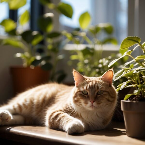 A feline lounges in a sunlit room, 