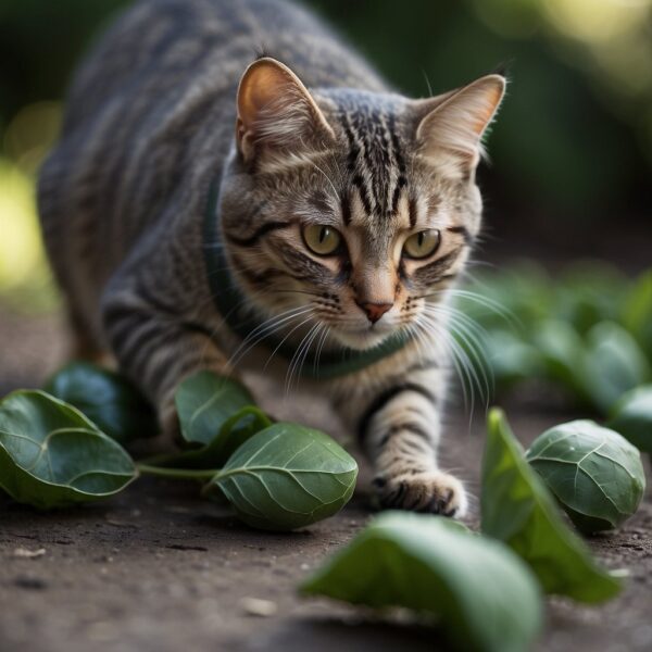 A cat playing with a toy mouse filled with silvervine leaves, rolling and rubbing against it with delight