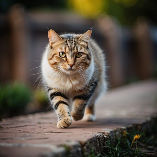 a kitty walking down sidewalk