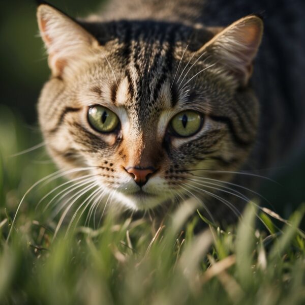 A cat crouches low in the grass, eyes fixed on a small bird. Its tail twitches with anticipation as it prepares to pounce