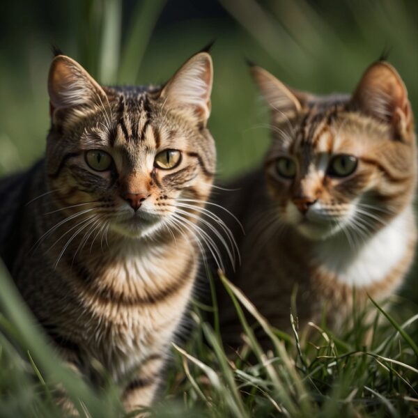 Two cats crouching low, eyes fixed on prey. Tension in their bodies, ready to pounce. Background of tall grass and shadows