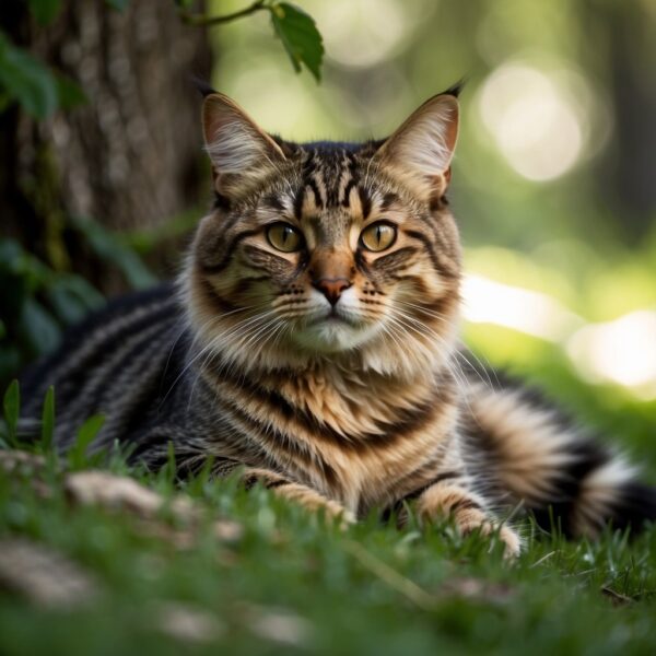 A striped cat lounges on a grassy hill, surrounded by tall trees and dappled sunlight. Its fur is a mix of warm browns and golden hues, with distinct dark stripes running across its sleek body