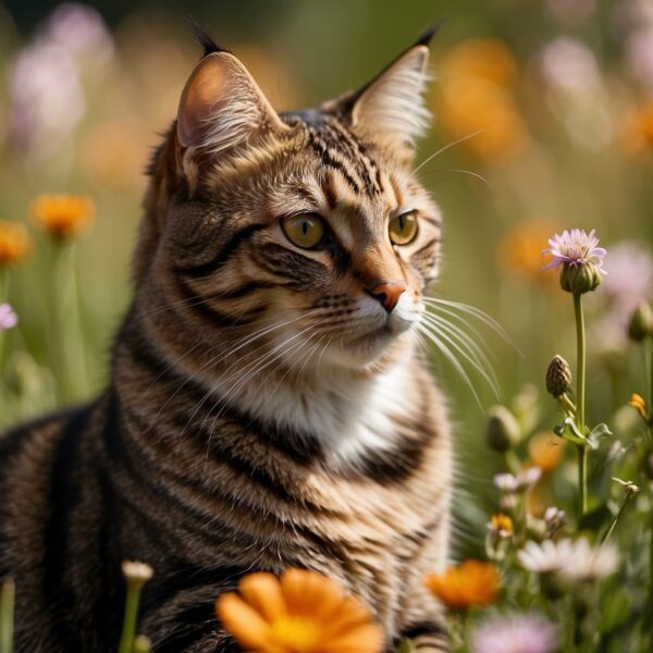 A striped cat lounges in a sunny field, surrounded by flowers and butterflies. Its fur is a mix of warm browns and oranges, with distinct black stripes running down its back