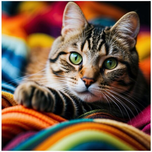 A playful striped cat lounges among a vibrant array of color swatches, each hue inspiring a different name for the feline