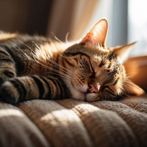 A cat napping peacefully on a cozy cushion, with a content expression on its face, surrounded by soft sunlight filtering through the window
