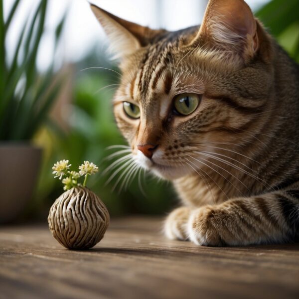 A cat sniffing a valerian root,