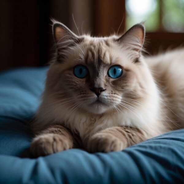 A Ragdoll cat lounges gracefully on a plush cushion, its large blue eyes gazing serenely into the distance. The cat's long, silky fur flows elegantly around its body, exuding an air of calm and regal beauty