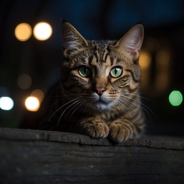 A cat's eyes glow in the darkness as it prowls through the night, effortlessly navigating its surroundings with keen feline vision