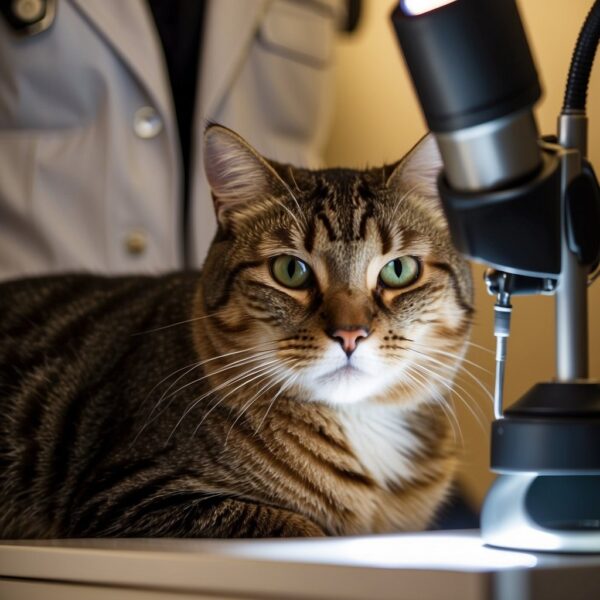 A cat being examined by a veterinarian under bright examination lights