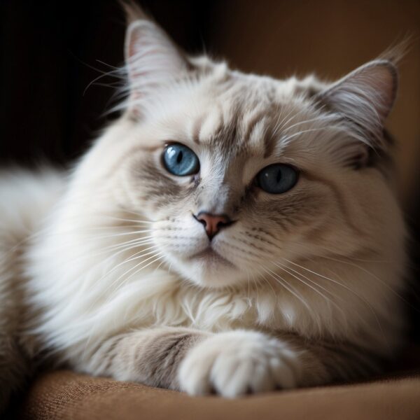 A Ragdoll cat lounges on a soft cushion, its large blue eyes gazing serenely ahead. Its long, silky fur drapes gracefully over the cushion, and its fluffy tail curls around its body