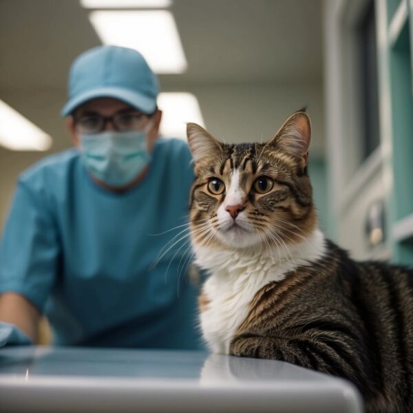 A cat with chin acne sits on a vet's examination table, while the vet discusses treatment options with the guardian.
