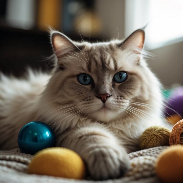 A feline with blue eyes sits gracefully on a cushion, surrounded by toys 