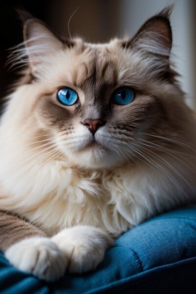 Ragdoll cat on blue pillow