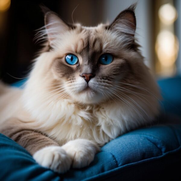 A regal male Ragdoll cat lounges on a plush cushion, his striking blue eyes gazing off into the distance. His luxurious fur cascades in soft waves, giving him an air of elegance and grace