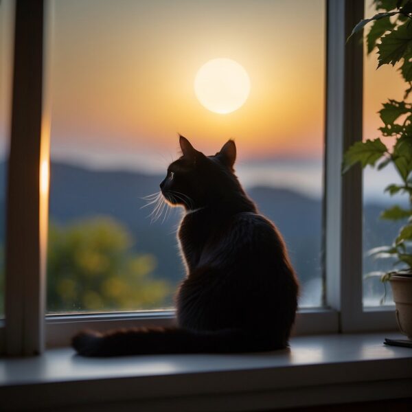 A black cat sits on a windowsill, gazing up at the sky