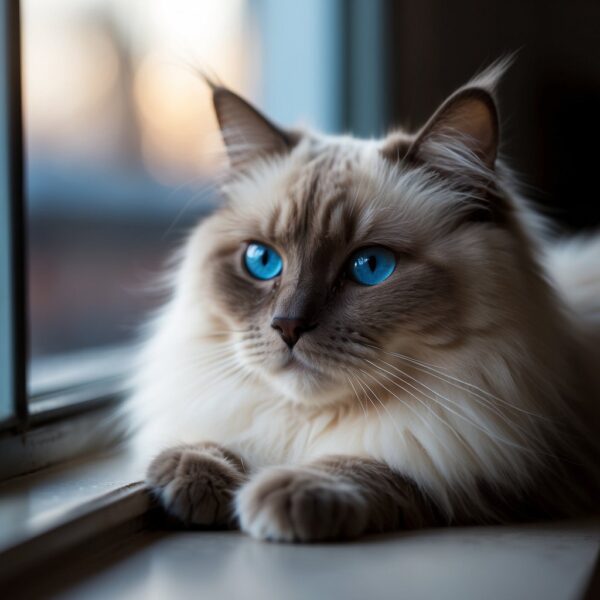 A fluffy Ragdoll cat sits gracefully on a windowsill, gazing out at the world with its striking blue eyes. Its long, luxurious fur drapes elegantly over the edge, creating a serene and regal image