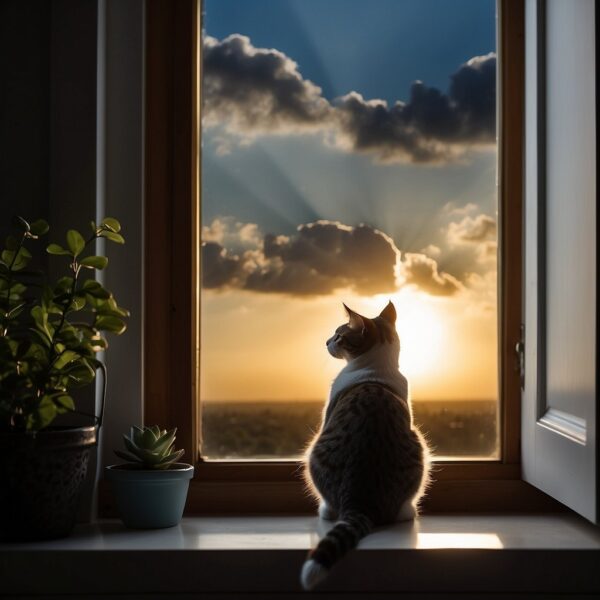 A cat sitting on a windowsill, looking up at the sky as the sun is partially obscured by the moon d