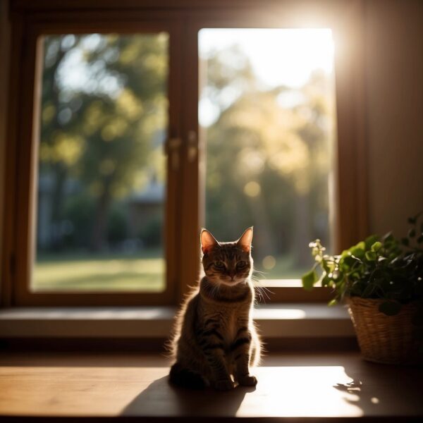 A cat sits calmly in a cozy room, sunlight streaming through the window. A solar eclipse darkens the sky, casting a shadow over the room. The cat remains undisturbed, showing no signs of distress
