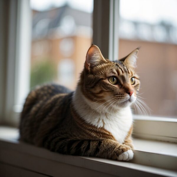 A feline sits on a windowsill, gazing out at birds. Its ears perk up and eyes narrow in concentration, showing curiosity and alertness