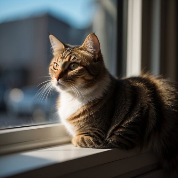 A cat sits on a windowsill, gazing out at the world with curious eyes. Its tail swishes back and forth as it ponders the mysteries of the world outside