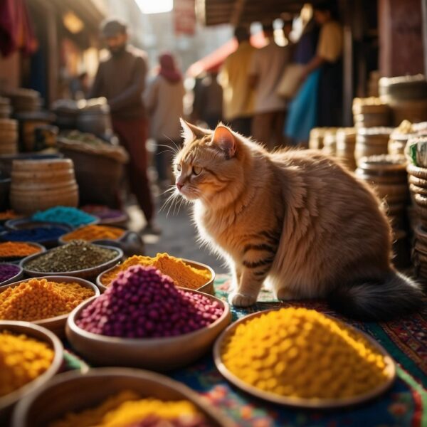 Iranian cats roam through a bustling bazaar, weaving between colorful carpets and ornate pottery. The sun casts a warm glow on their sleek fur as they pause to investigate a pile of saffron