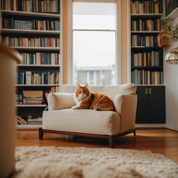 A cozy living room with a cat bed, scratching post, and toys. A bowl of food and water nearby. A bookshelf filled with cat care books