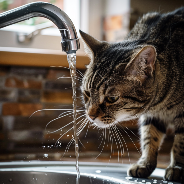 Cat drinking from kitchen sink faucet.