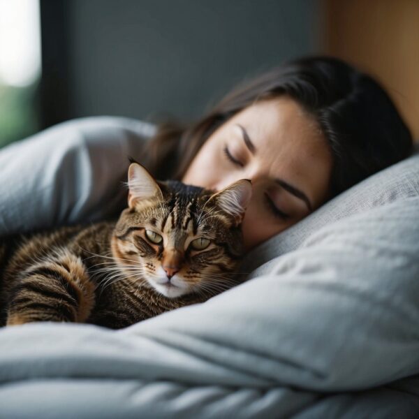 A cat curled up next to a sleeping figure, emanating a sense of comfort and security. The figure's relaxed posture and peaceful expression convey the psychological and emotional advantages and health benefits of sleeping with a cat