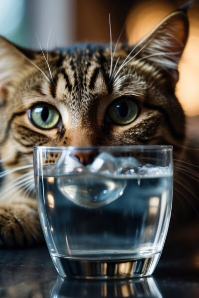 Cat looking at ice water