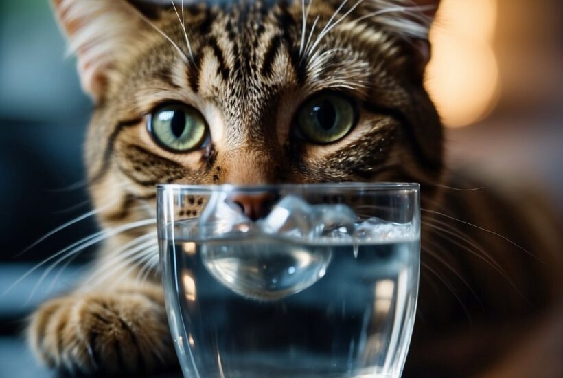 Cat looking at ice water