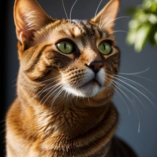 An Abyssinian cat stands tall and elegant, with a sleek and muscular body. Its almond-shaped eyes are a vibrant green, and its short coat is adorned with ticked tabby markings in shades of warm brown and gold